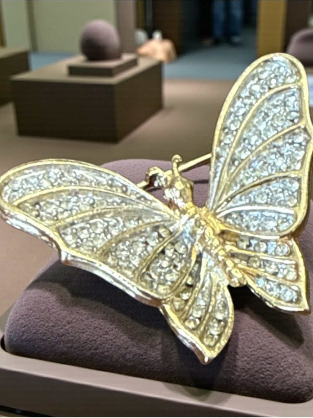 Vintage Gold Tone Pave Rhinestone Butterfly Brooch Pin 1.5"